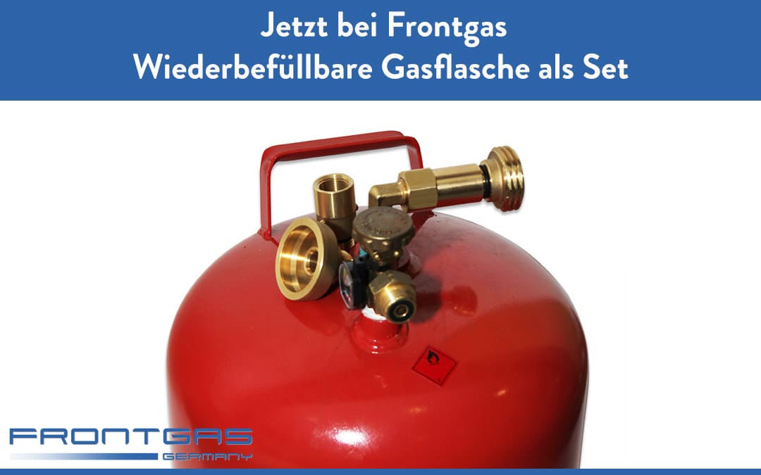 Wiederbefüllbare Gasflasche als Set inkl. Füllschlauch, Außenbetankung und Europa Adapter